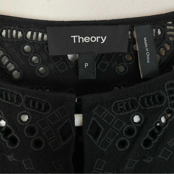 Theory Eyelet Top Blouse Womens Small Black Embroidered Shirt Tunic Short Sleeve - Picture 11 of 13